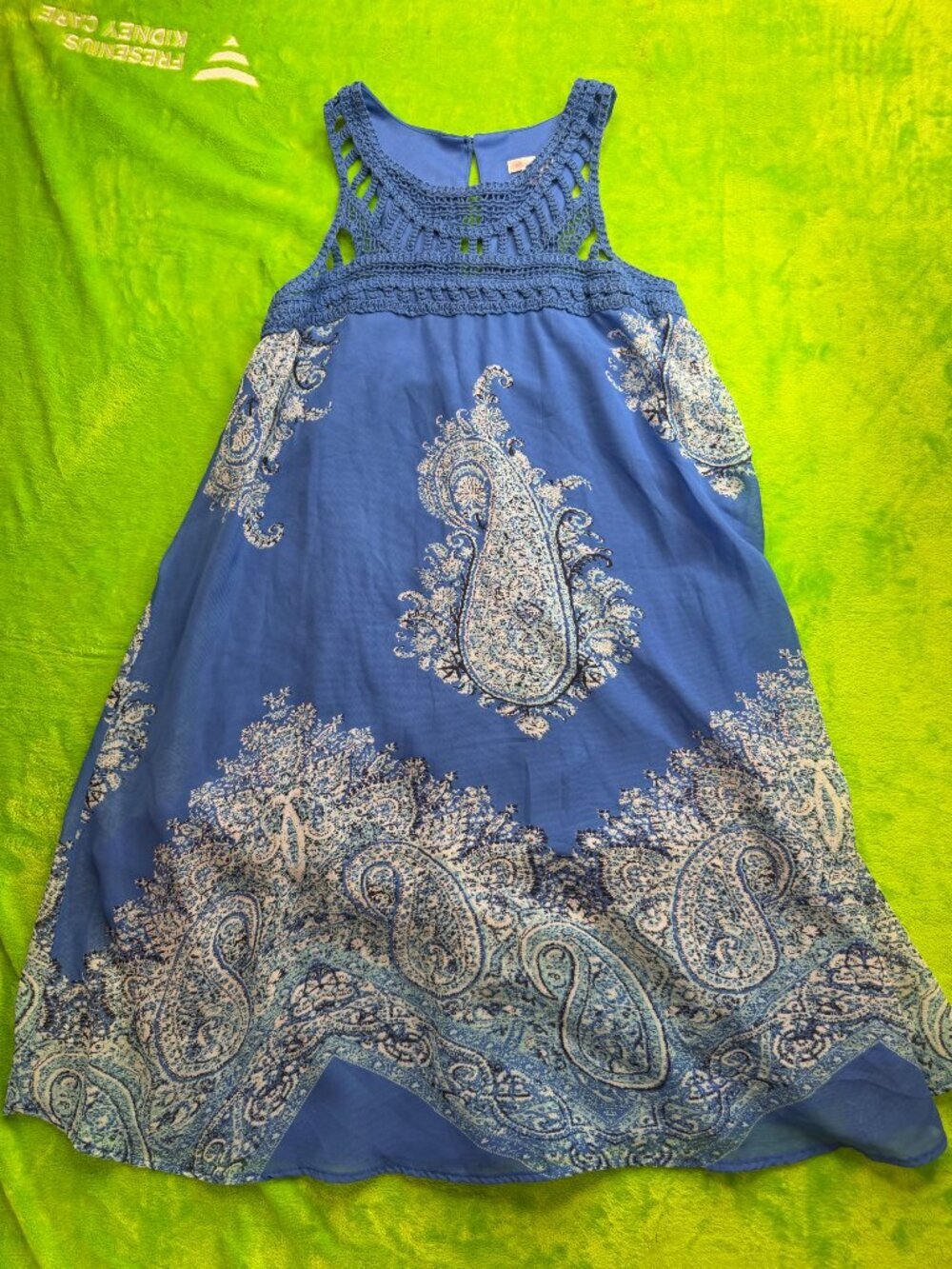Xhilaration Blue Paisley Crochet Halter Dress Sz XS Boho